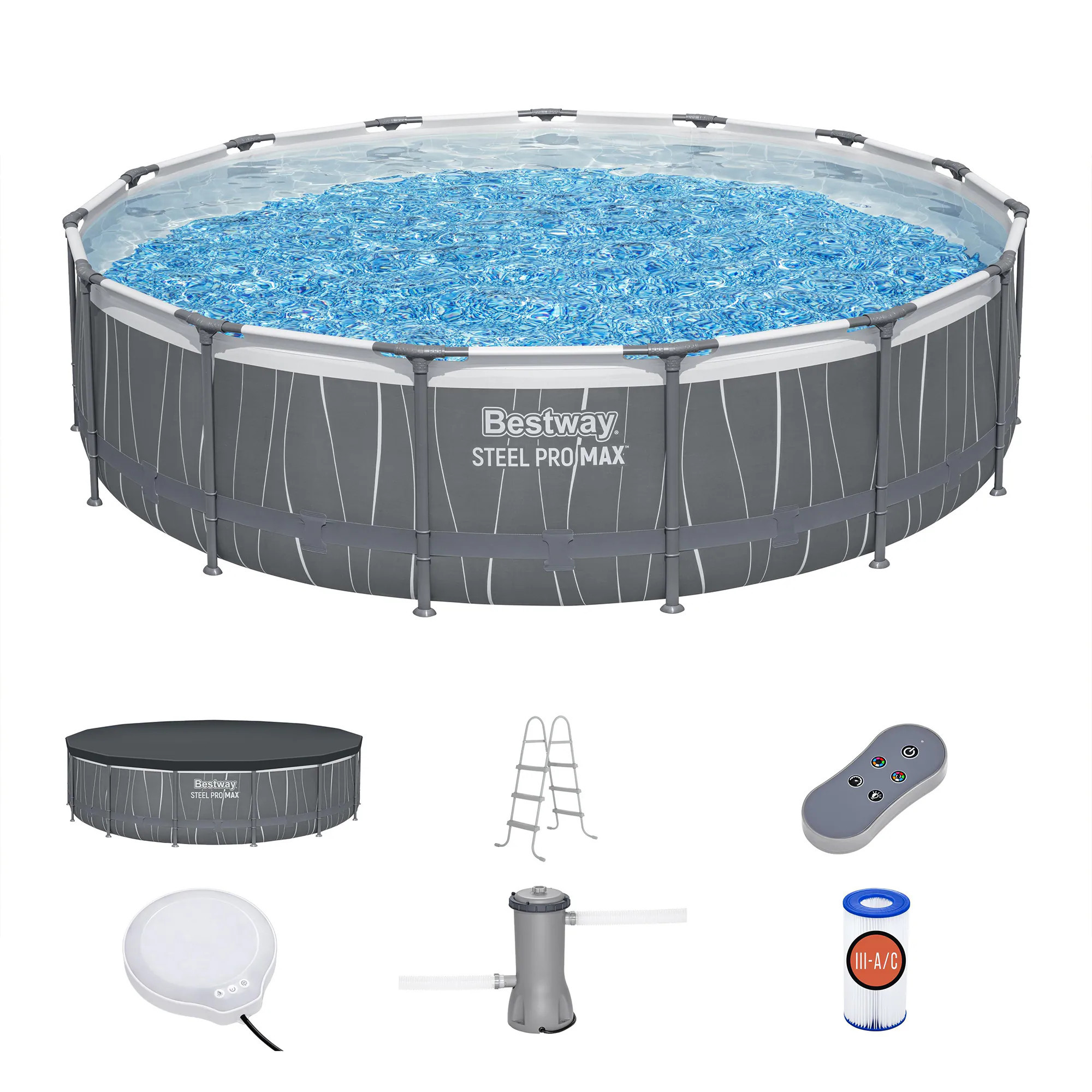 Bestway Steel Pro MAX 15 Feetx42 Inches Metal Frame Above Ground Pool Set and LED Light one_size | 561GBE-BW | Lowe's