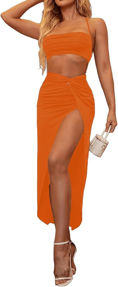 XinFSh Women's Two Piece Skirt Sets Summer Beach Sexy Asymmetrical High Slit Night Out Dress Sets | Amazon (US)