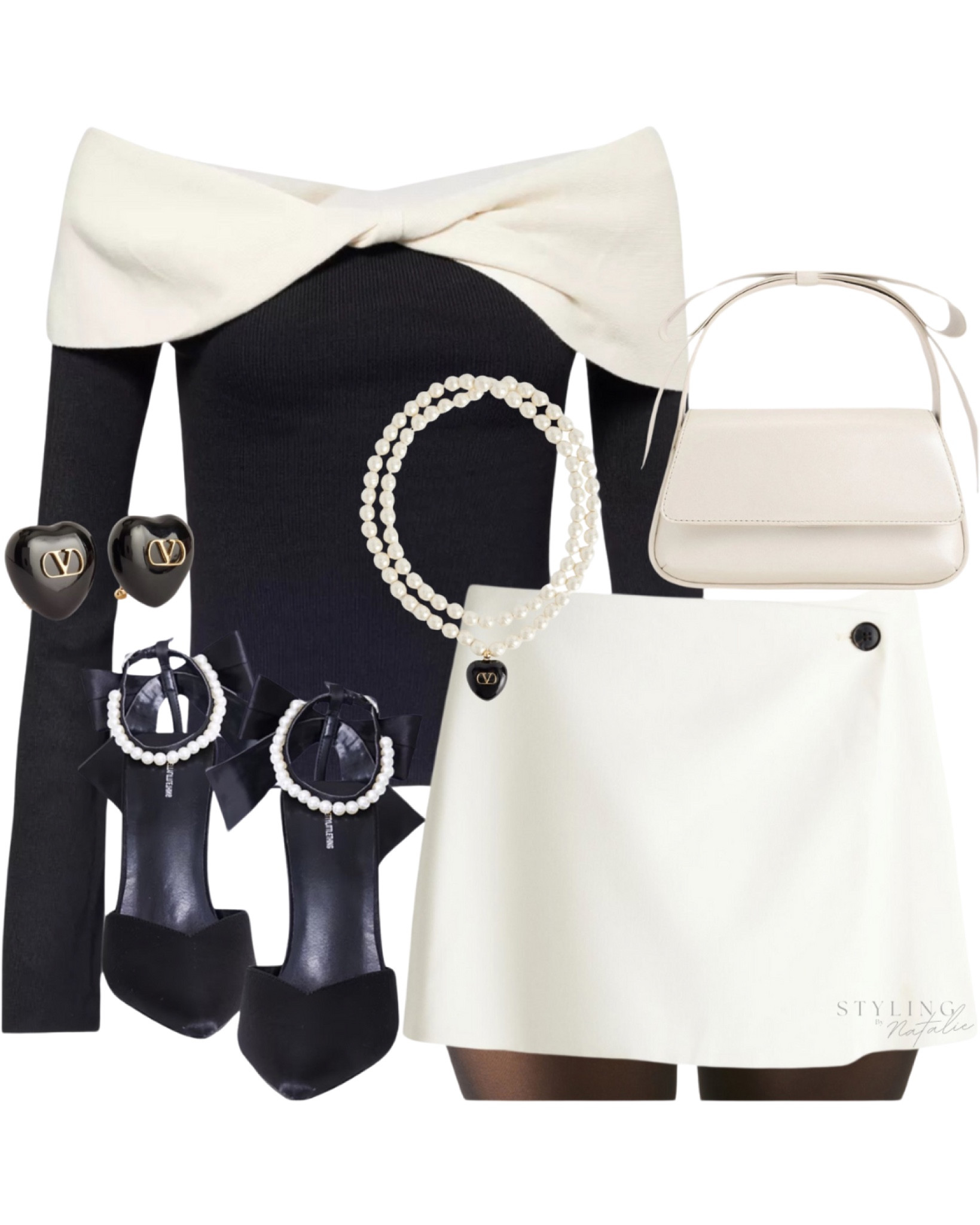 Christmas look- 
Knit Bardot top, skort, pearl strappy heels, pearl accessories and tights. 
Going out outfit, party outfit, chic, classy style.

#LTKstyletip #LTKpartywear #LTKuk