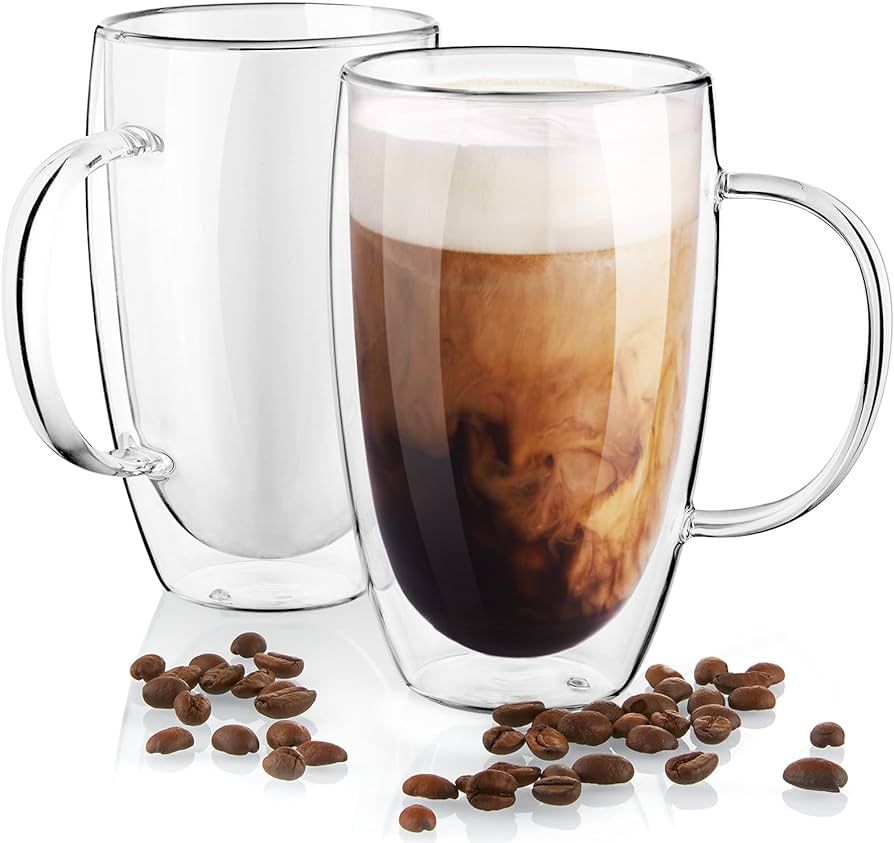 Double Wall Glass Coffee Mugs Set of 2, 16 oz Insulated Coffee Mug with Handle, Clear Borosilicat... | Amazon (US)