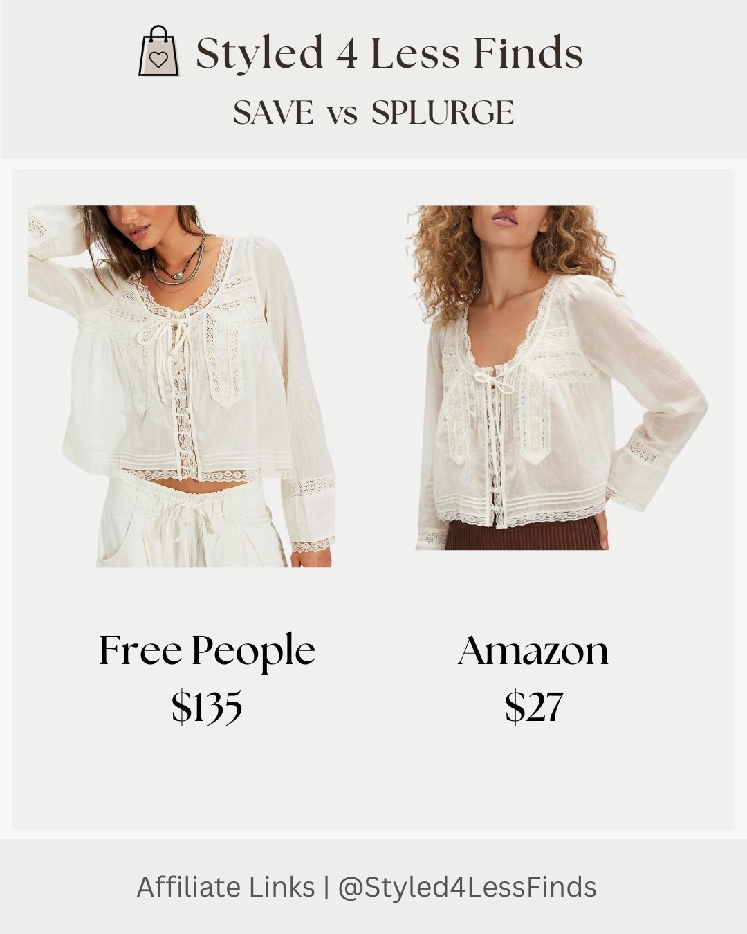 SAVE vs SPLURGE 🤍

Love the look of this romantic lace blouse but not the price tag? Here’s a perfect save vs splurge moment.

The splurge version from Free People is gorgeous with its delicate lace details and flowy fit — but this look-for-less from Amazon gives you the same soft, boho vibe for a fraction of the price.

Style Tip:
These feminine blouses look best when balanced with something a little structured. Try pairing it with straight-leg denim, tailored trousers, or even a midi skirt to keep the outfit feeling polished instead of overly flowy.

#LTKover50style #LTKstyletip #LTKcanada