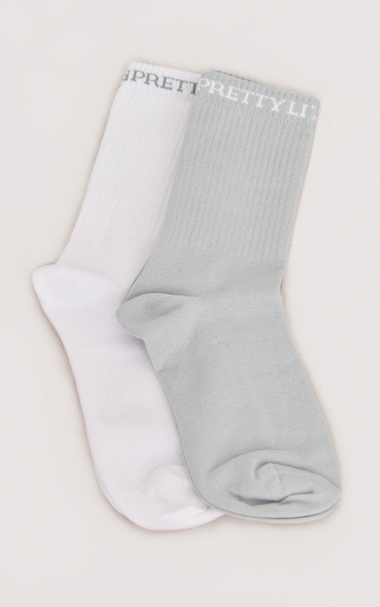 PRETTYLITTLETHING Grey Logo 2 Pack Socks | PrettyLittleThing US