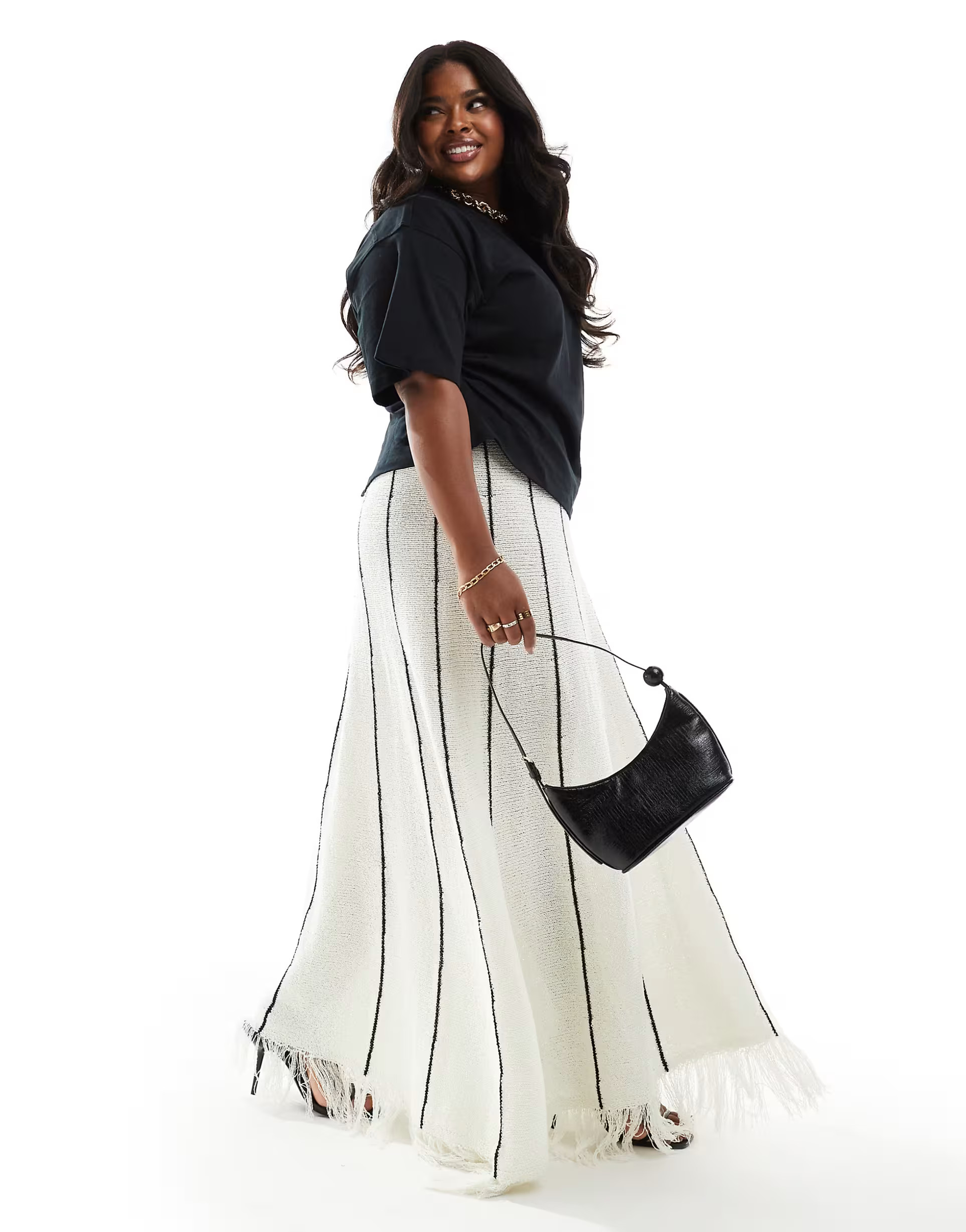 4th & Reckless Plus – Exklusiver Maxi-Strickrock in Creme mit Streifen und Fransen | ASOS (Global)