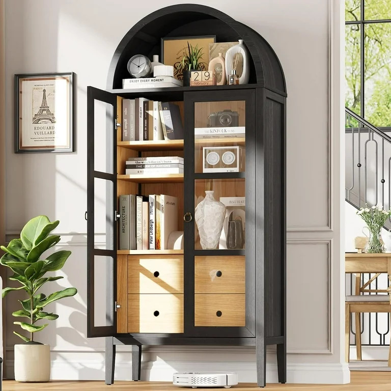 VANACC Modern 71” Arched Storage Cabinet with Glass Doors and Drawers, Adjustable Shelves, Blac... | Walmart (US)
