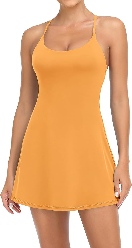 Women Workout Tennis Dress with Built-in Bra Shorts, Adjustable Cross Shoulder Straps with Pocket... | Amazon (US)