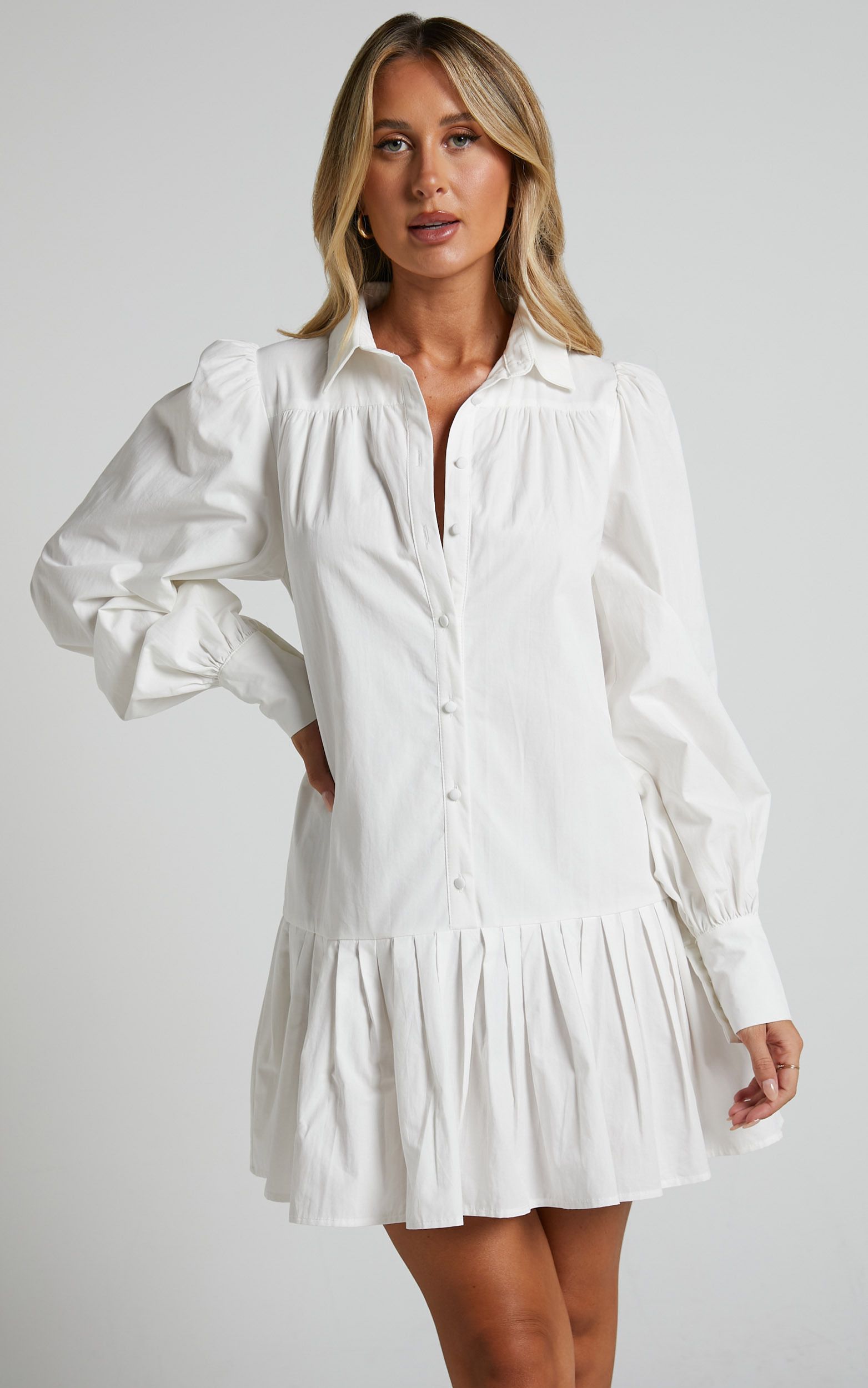 Brydie Blouson Sleeve Pleat Hem Shift Shirt Dress in White | Showpo (US, UK & Europe)