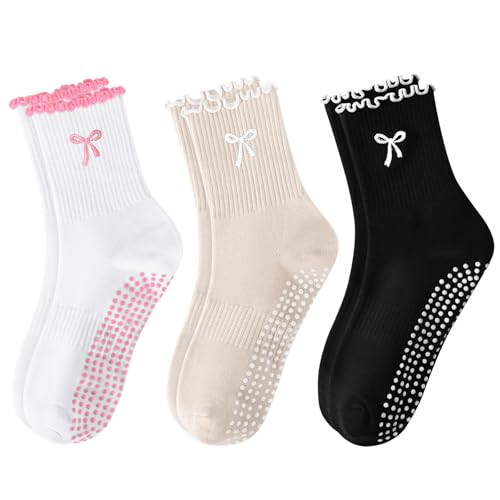 FIYIGO Pilates Yoga Grip Socks for Women, Bow-Patterned Ruffled Crew Socks Ideal for Fitness, Ballet Bar Work&Dance 3 Pairs-Black, White, Apricot | Amazon (US)