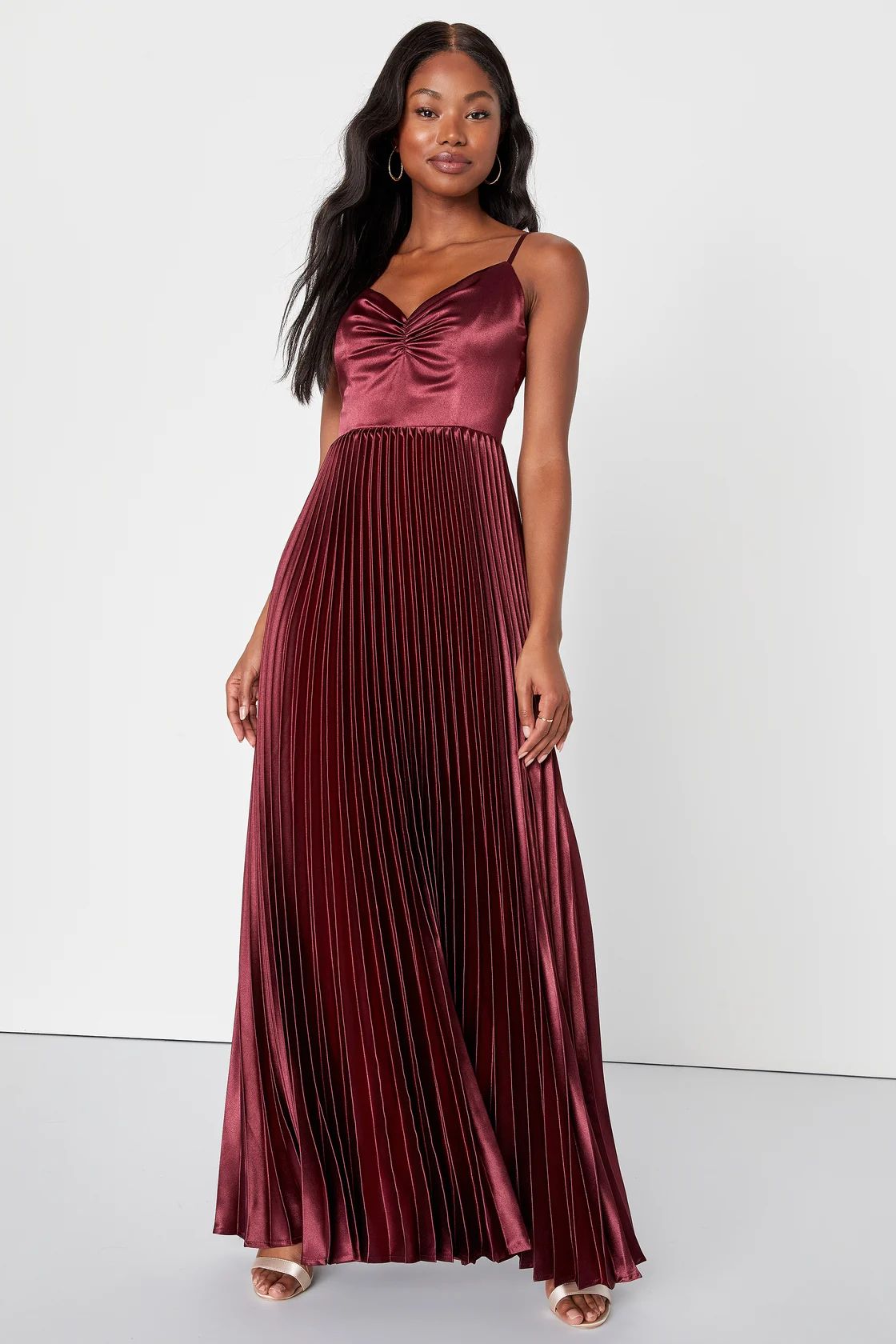 Exceptional Sophistication Burgundy Satin Pleated Maxi Dress | Lulus (US)