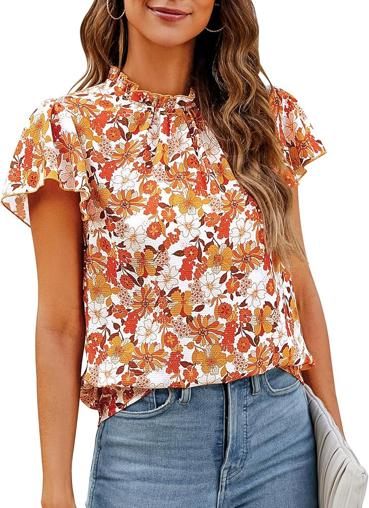 SimpleFun Women Boho Shirts Floral Ruffle Short Sleeve Mock Neck Flowy Casual Summer Blouses Tops | Amazon (US)