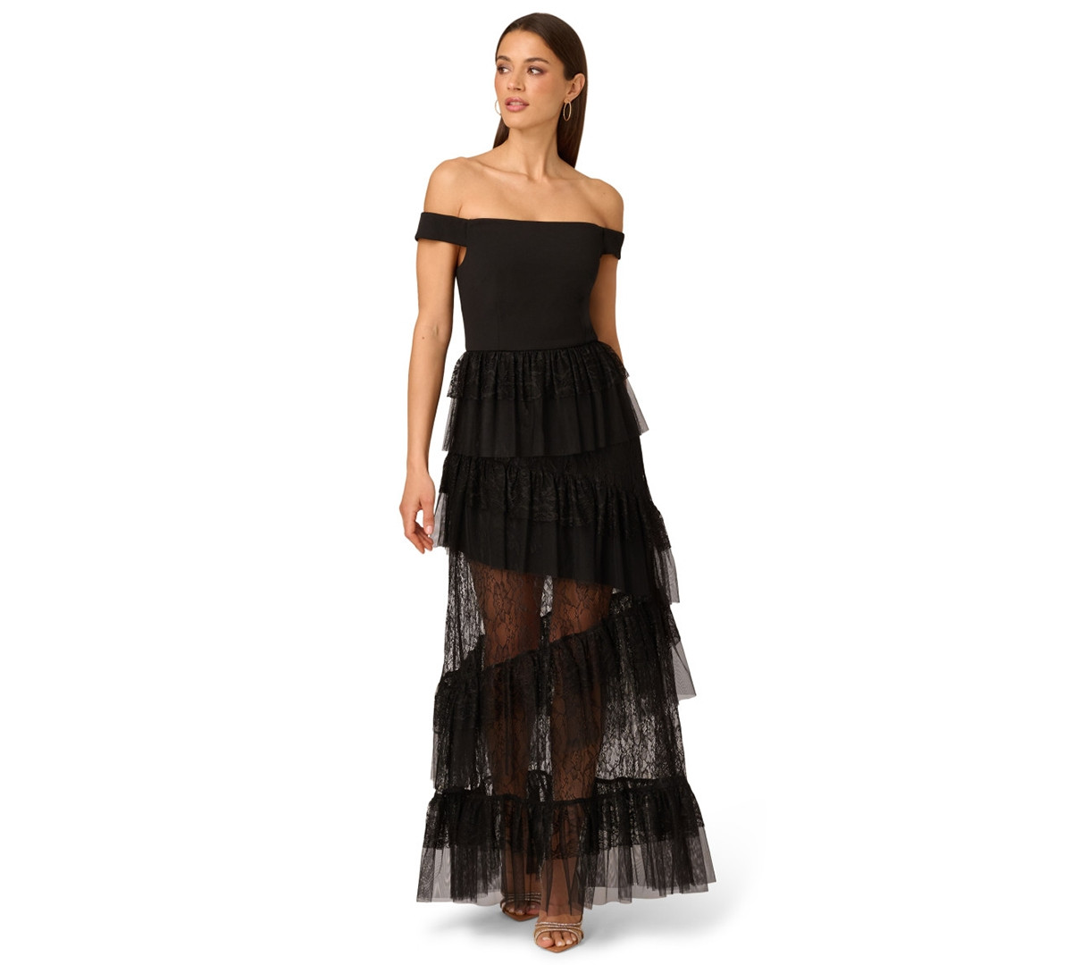 Adrianna Women's Off-The-Shoulder Layered Lace Gown - Black | Macy's