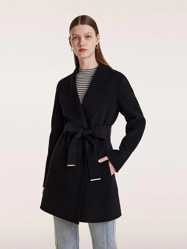 Tencel Wool Notched Lapel Mid-Length Coat With Belt - Black / M | GOELIA