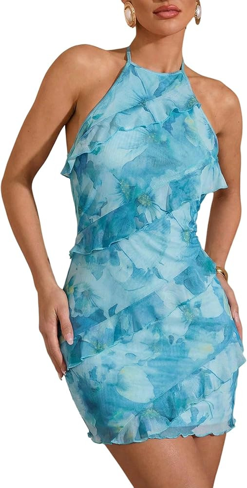 Milumia Women's Floral Ruffle Trim Bodycon Mini Dress Tie Backless Halter Short Dresses | Amazon (US)