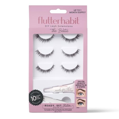 FlutterHabit Bestie Ready Set Starter Kit, DIY Eyelash Extensions, Lash Clusters for Women, Professional Quality At Home Eyelash Extension Kit, Natural False Lashes, 3 Lash Sets, Lash Glue Included | Amazon (US)