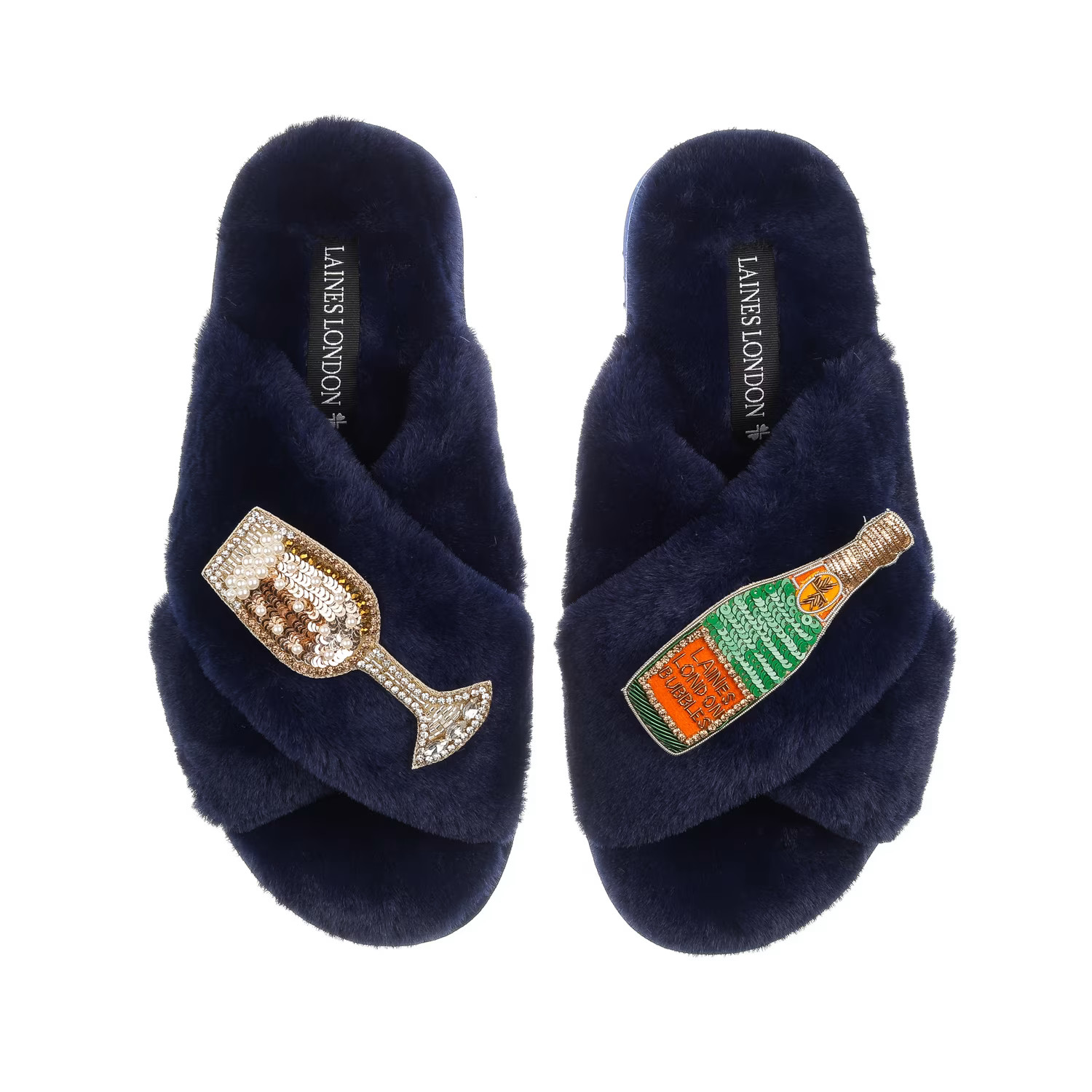 Classic Laines Slippers With Laines Champers & Glass Brooches - Navy | Wolf & Badger