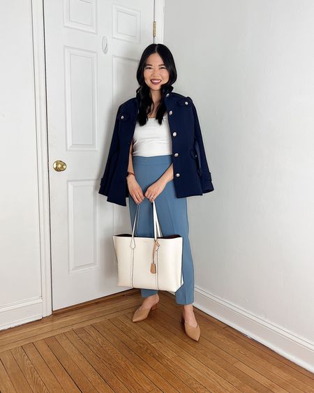 Navy jacket (2P)
White tank top (XS)
Light blue pants (4P)
White tote bag
Tory Burch Perry tote bag
Tan pumps (1/2 size up)
Tan mule pumps
Ann Taylor outfit
Business casual outfit
Smart casual outfit 
Spring work outfit

#LTKworkwear #LTKsalealert #LTKSeasonal