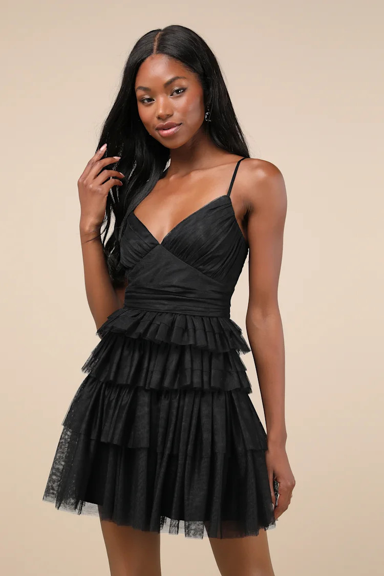 Special Poise Black Tulle Pleated Sleeveless Tiered Mini Dress | Lulus