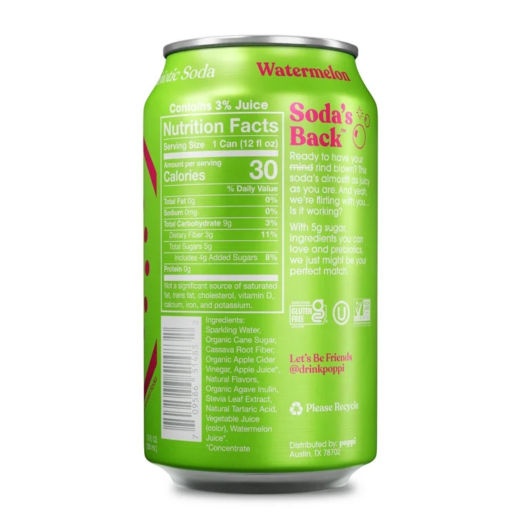 (12 pack) Poppi Watermelon Prebiotic Soda, 12 fl oz, 12 Pack Cans | Walmart (US)