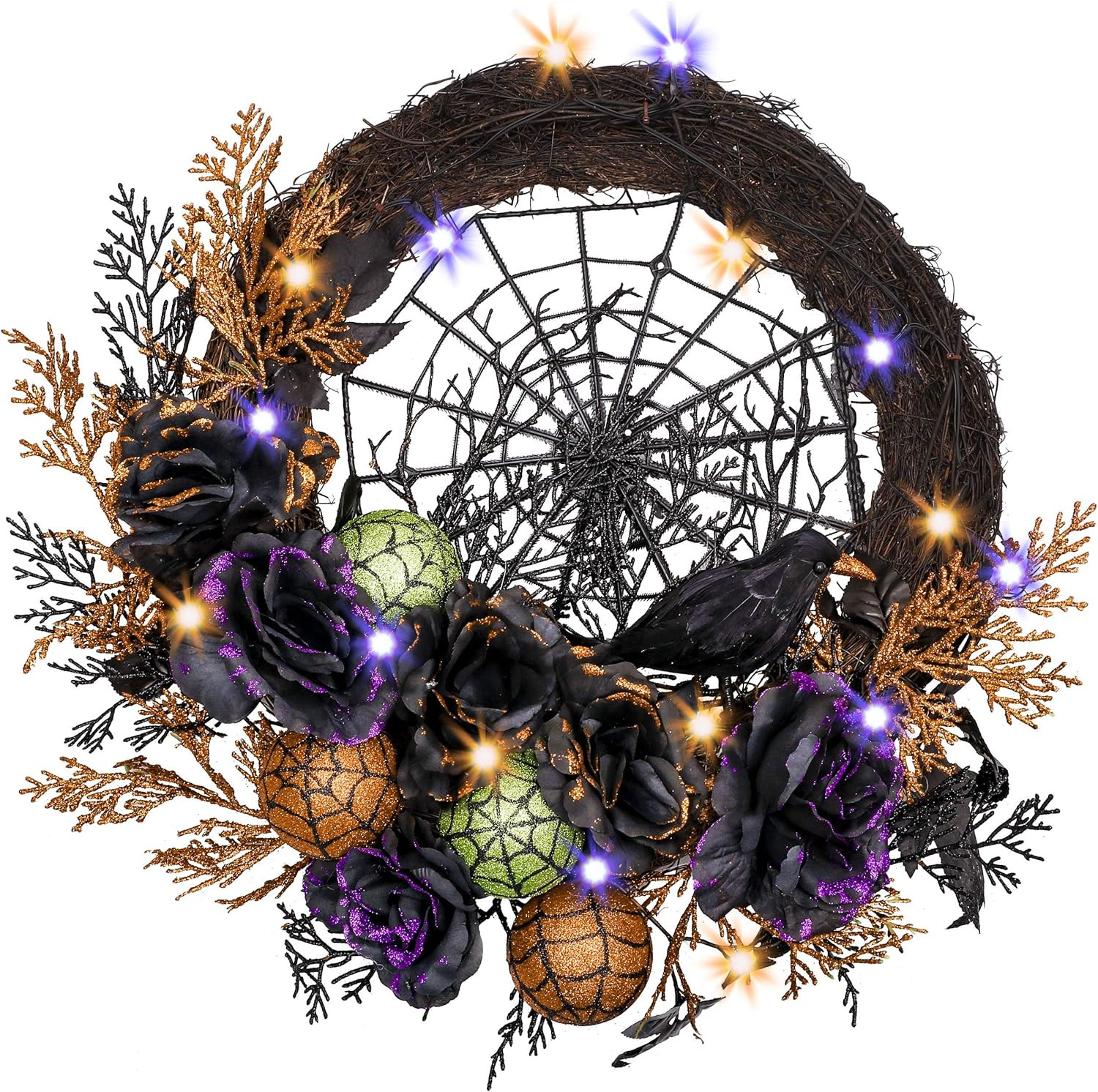 Valery Madelyn 24 Inch Pre-Lit Happy Halloween Wreath for Front Door with Crow Artificial Rose, H... | Amazon (US)