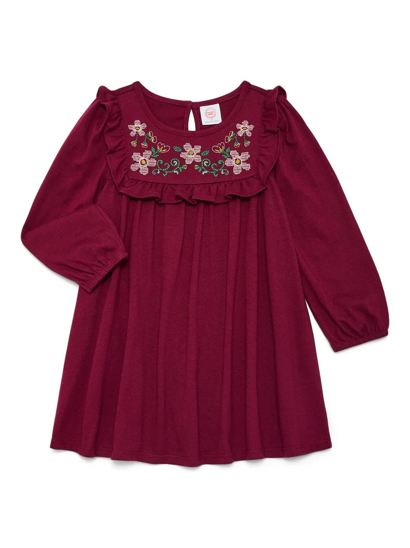 Wonder Nation Toddler Girls' Embroidered Ruffle Dress with Long Sleeves, Sizes 12M-5T | Walmart (US)