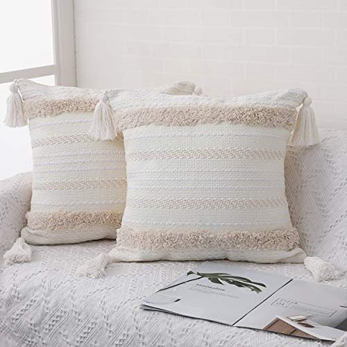 Set of 2 Boho Throw Pillow Covers for Couch Sofa, 18 x 18 Inch Cotton Hand-Woven Tufted Decorativ... | Amazon (US)