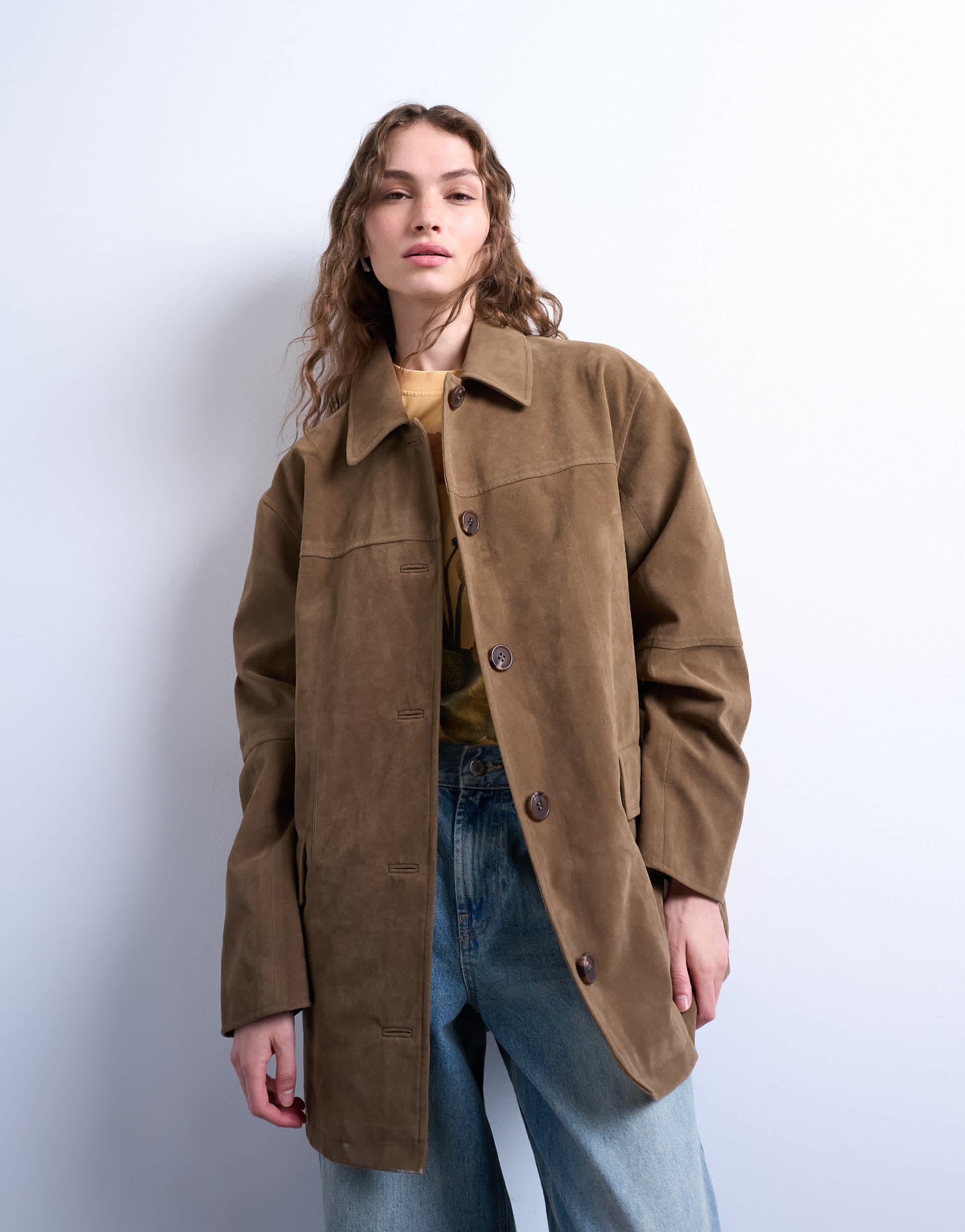Topshop kastenförmige, mittellange Jacke mit hohem Saum aus Wildlederi | Topshop