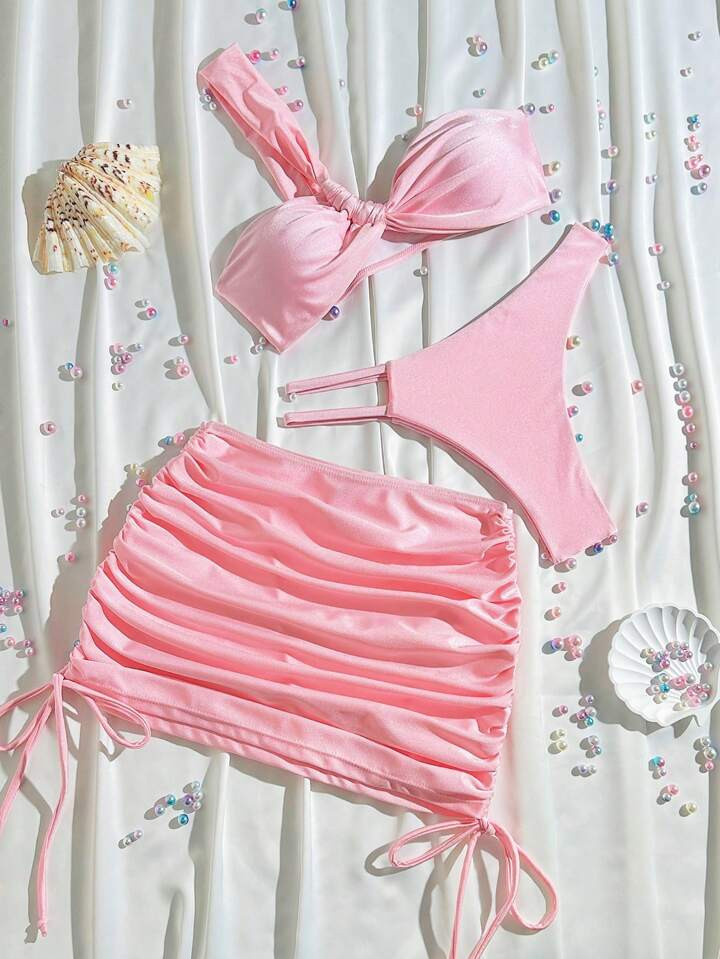 Swim Mod 3pcs/Set Women Summer Solid Color ASymmetric Neck Ruffle & Drawstring Waist Beach Cover-Up & Bikini Swimwear, Vacation | SHEIN