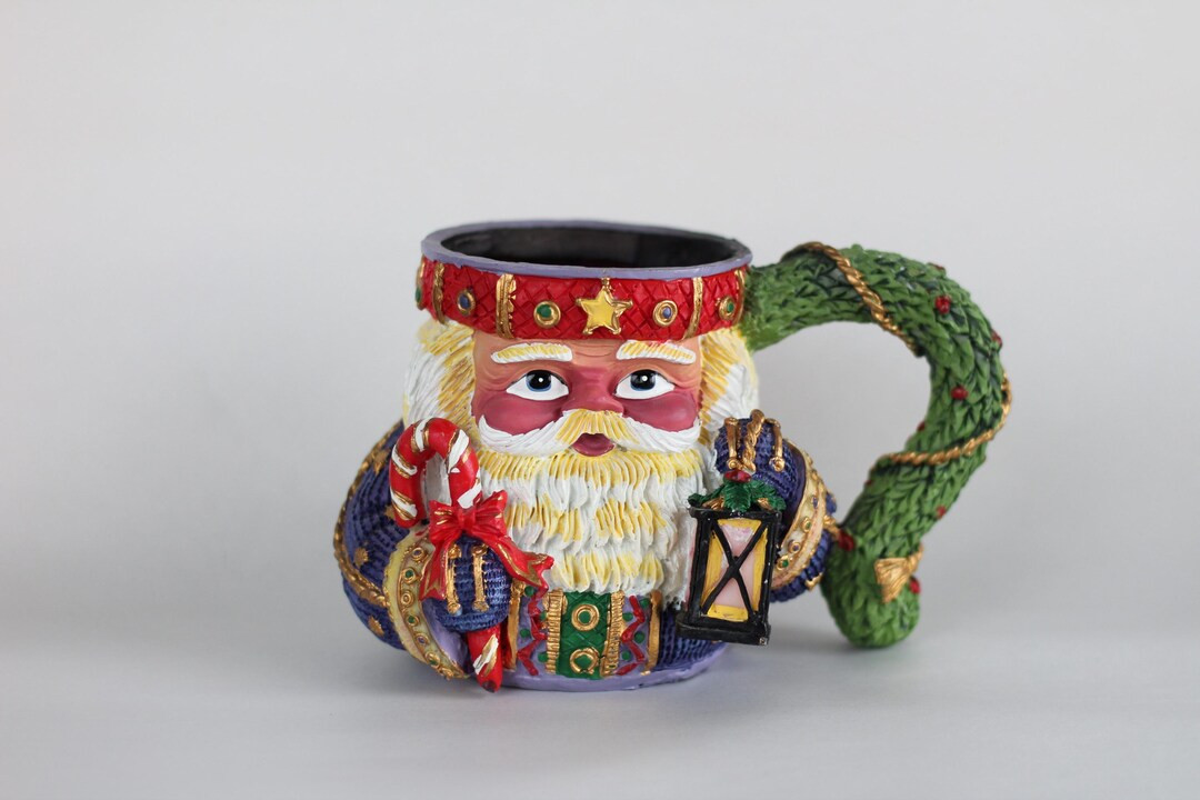 Vintage Colorful Ceramic Santa Claus Mug With Lantern & Candy Cane,regal Santa Jeweled Crown Holi... | Etsy (US)