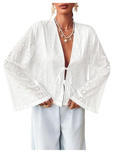Floerns Women's Eyelet Embroidery Tie Front Blouse V Neck Bell Sleeve Resort Loose Shirt White Large | Amazon (US)