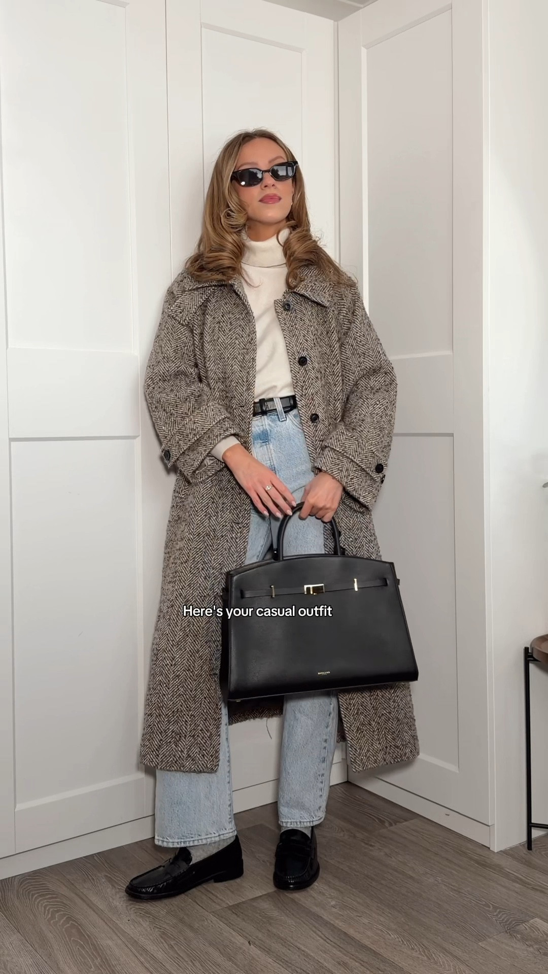 Casual winter outfit, loafers, straight leg jeans, wool coat, demellier bag, guerlain lip balm, 

#LTKjeans #LTKuk #LTKwinter