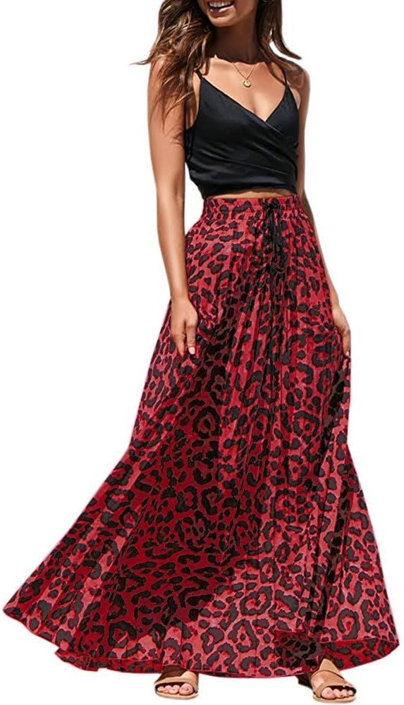 Womens Leopard Print Long Skirts Drawstring High Waisted Bohemian Maxi Skirt | Amazon (US)