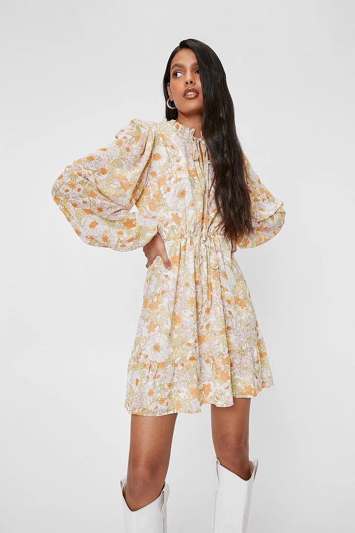 Floral Tie Front Long Sleeved Mini Dress | Nasty Gal (US)