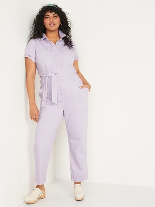 Short-Sleeve Cropped Tie-Belt Utility Non-Stretch Jean Jumpsuit for Women | Old Navy (US)