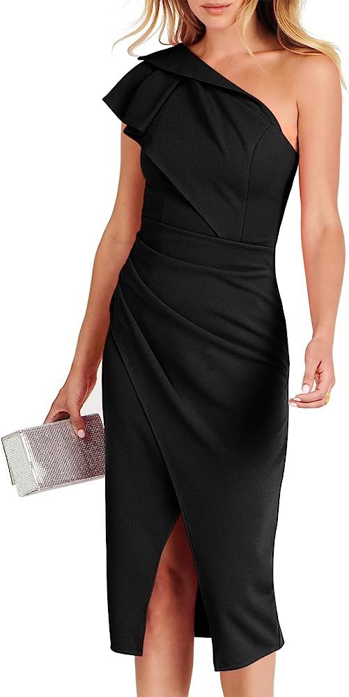 ANRABESS Women's One Shoulder Cocktail Midi Dress Sleeveless Ruffle Wrap Ruched Bodycon Formal We... | Amazon (US)