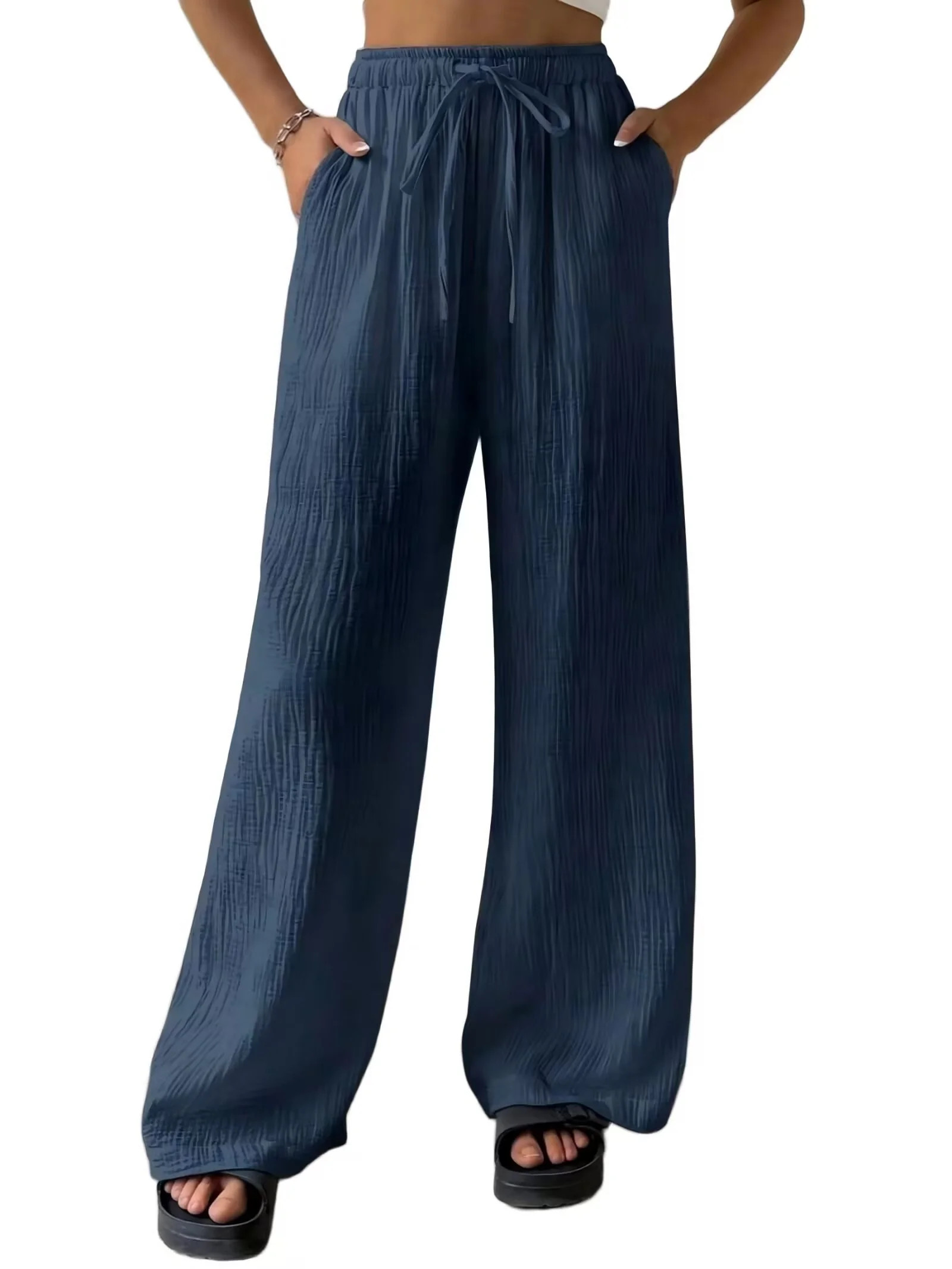 TANBOM Wide Leg Wrinkle Texture Rayon Women's Casual Pants Dark Blue (Women's S) | Walmart (US)