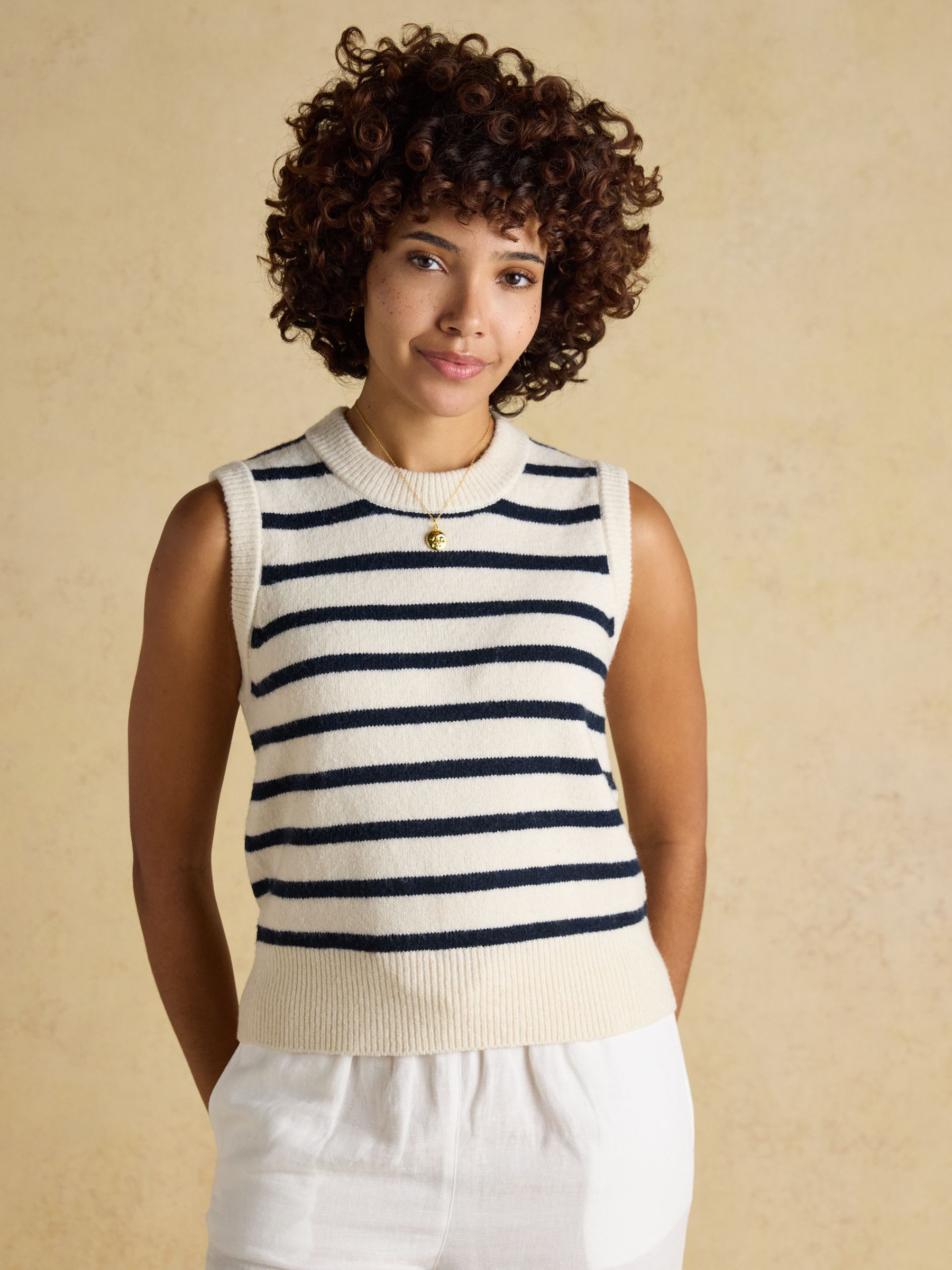 Holly Cream & Navy Striped Knitted Vest | Joules | Joules