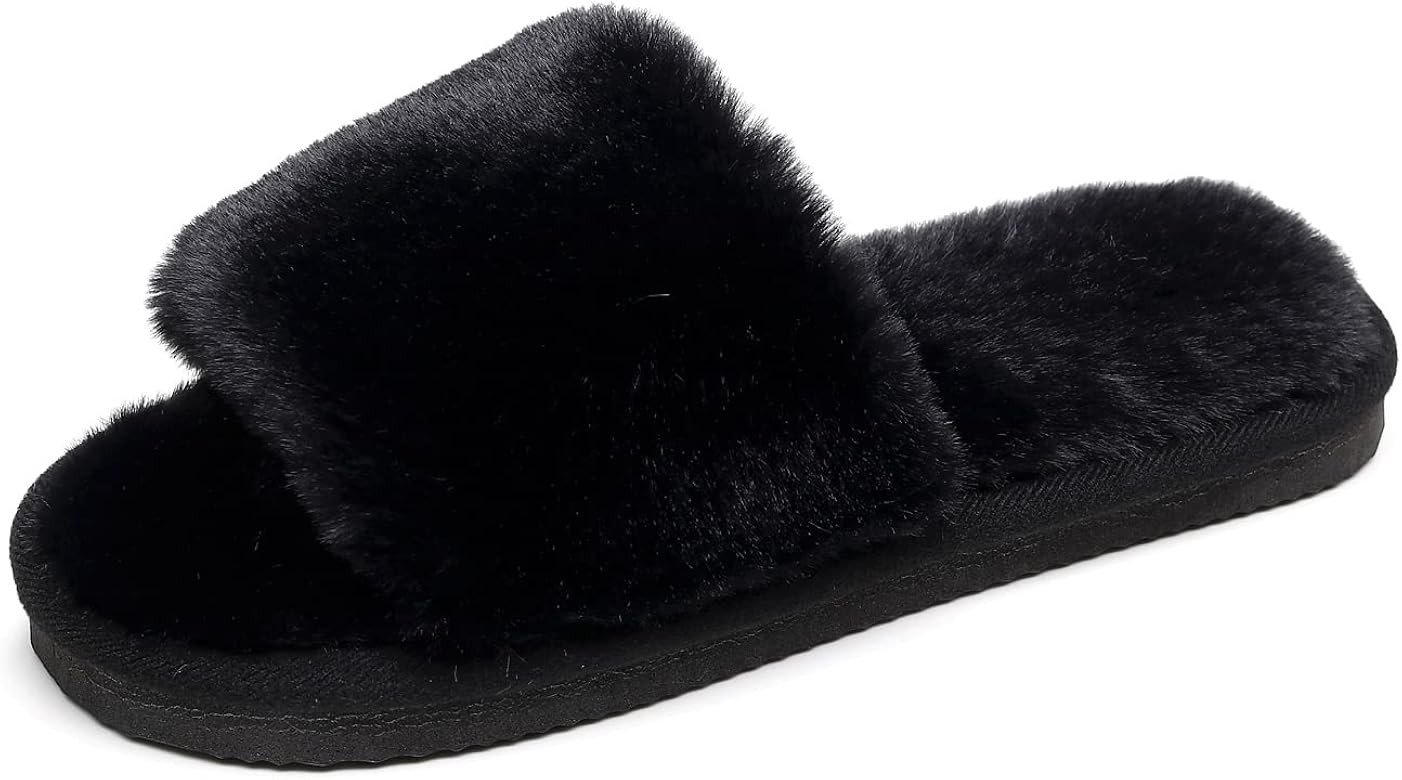 Women's Fuzzy Fluffy Furry Fur Slippers Flip Flop Open Toe Cozy House Memory Foam Sandals Slides ... | Amazon (US)