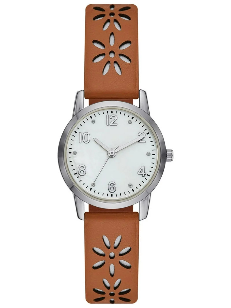 Time and Tru Women's Analog Watch: Silver Tone Round Case, Crystal Accent on Faux Mother of Pearl... | Walmart (US)