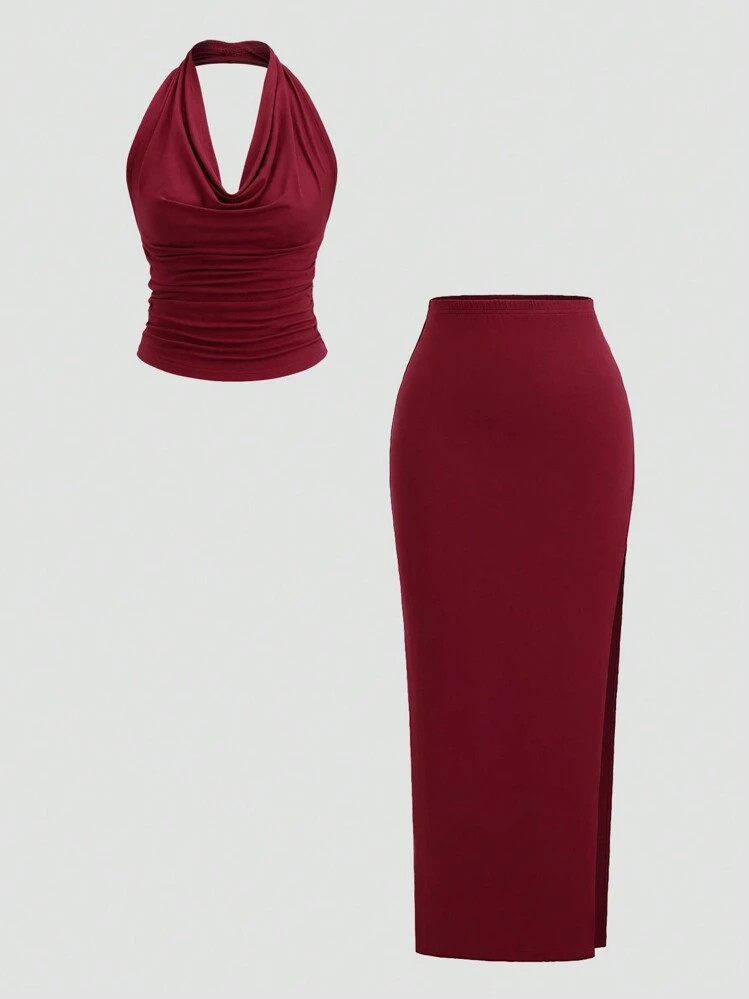 Sweetra Plunge Neck Backless Halter Top And Slit Side Skirt Set | SHEIN