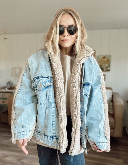 The dreamiest denim and Sherpa jacket from Anthropologie ever and under $100!!!!! Oversized fit, I’m wearing a small. 

#LTKstyletip #LTKSeasonal #LTKfindsunder100