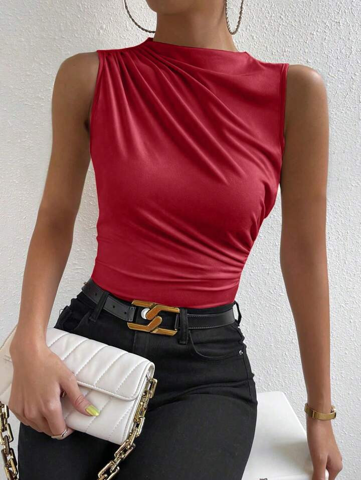 Calvaya Mock Neck Ruched Tank Top For New Year Clothes | SHEIN
