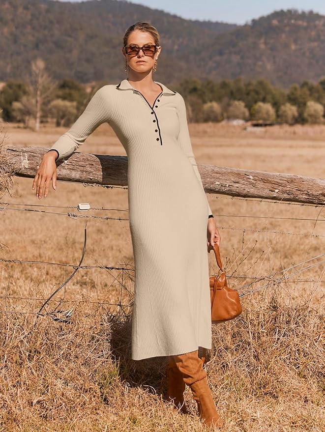 MEROKEETY Women's Long Sleeve V Neck Sweater Dress Button Ribbed Knit Slim Fit Elegant Maxi Dress... | Amazon (US)