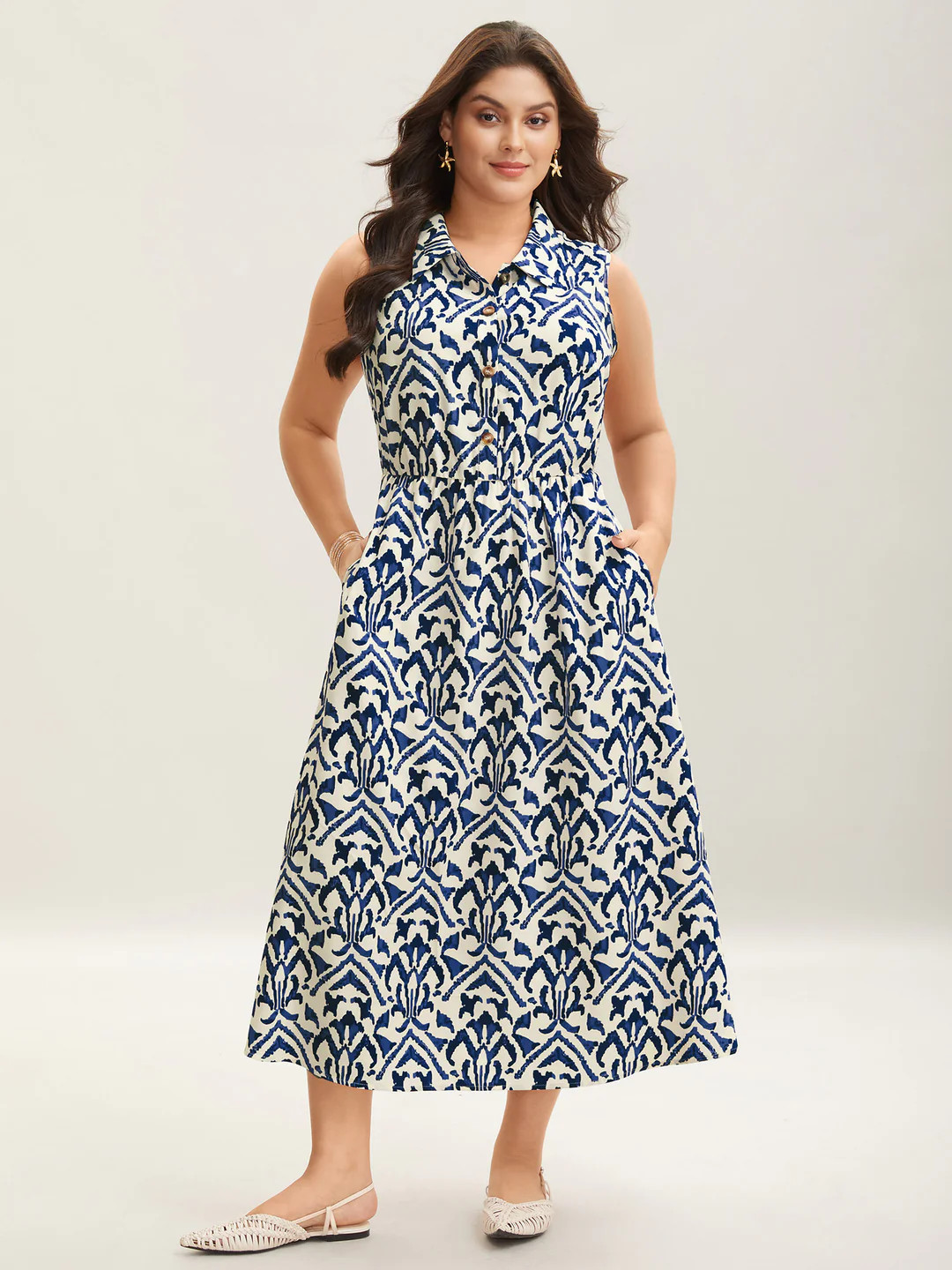 Spring Abstract Print Shirt Collar Midi Dress | Bloomchic