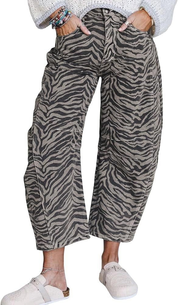 Urchics Women Barrel Jeans Wide Leg High Waisted Zebra Stripe Trendy Western Jeans Cropped Denim ... | Amazon (US)