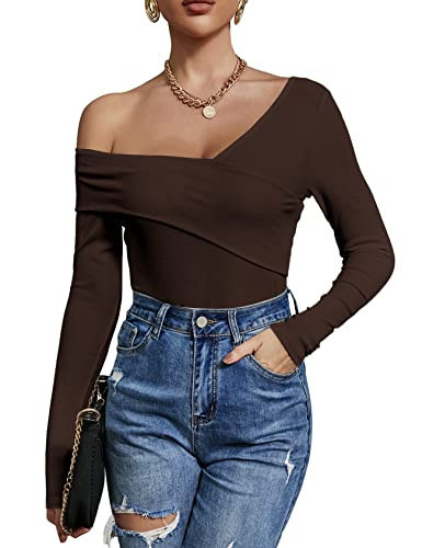 Uvog Women's Sexy Criss Off Shoulder Top Long Sleeve V Neck Ribbed Knit T Shirt and Blouses Coffee M | Amazon (US)