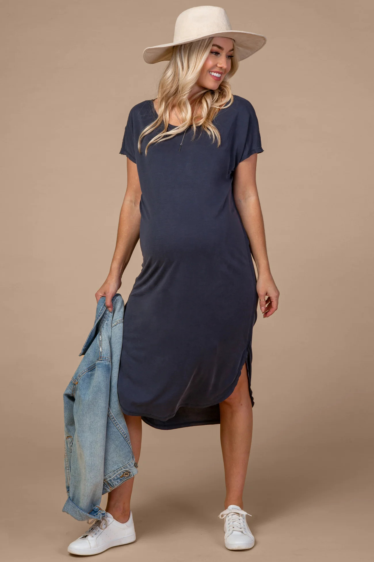 Navy Faded Curved Hem Maternity Midi Dress | PinkBlush Maternity