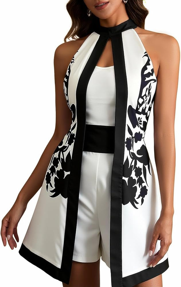 Women's Retro Print Halter Romper Elegant Split Front Sleeveless Evening Party Short Jumpsuits | Amazon (US)