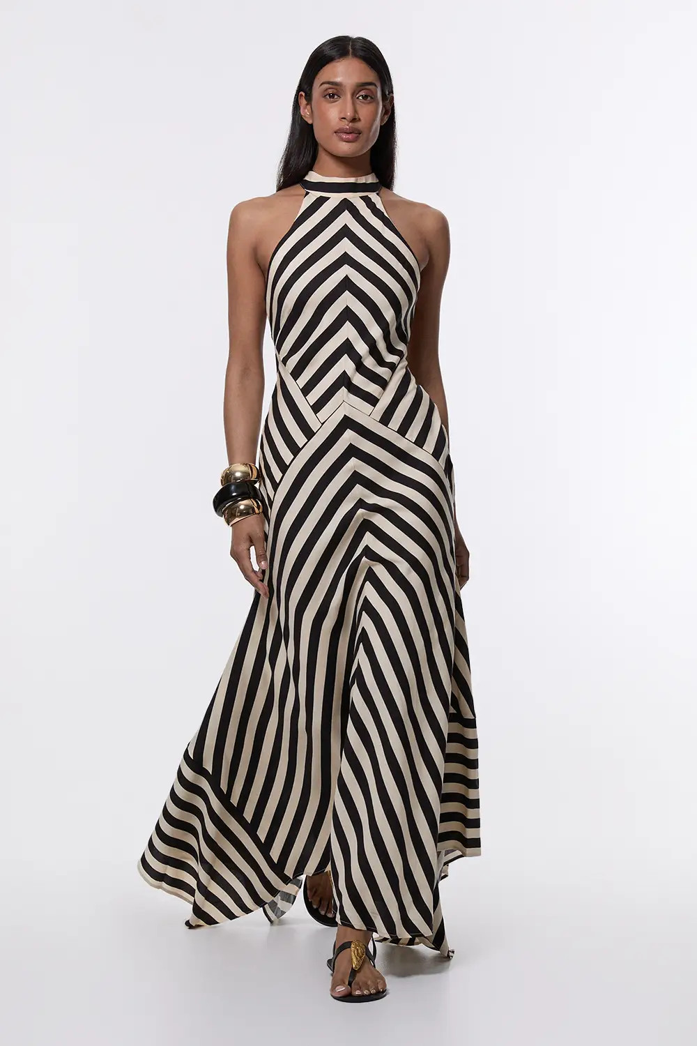 Stripe Cotton Mix Woven Maxi Halter Dress | Karen Millen