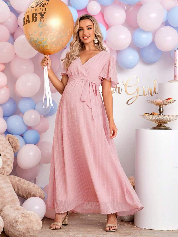 SHEIN Maternity Surplice Neck Belted Swiss Dot Chiffon Dress | SHEIN