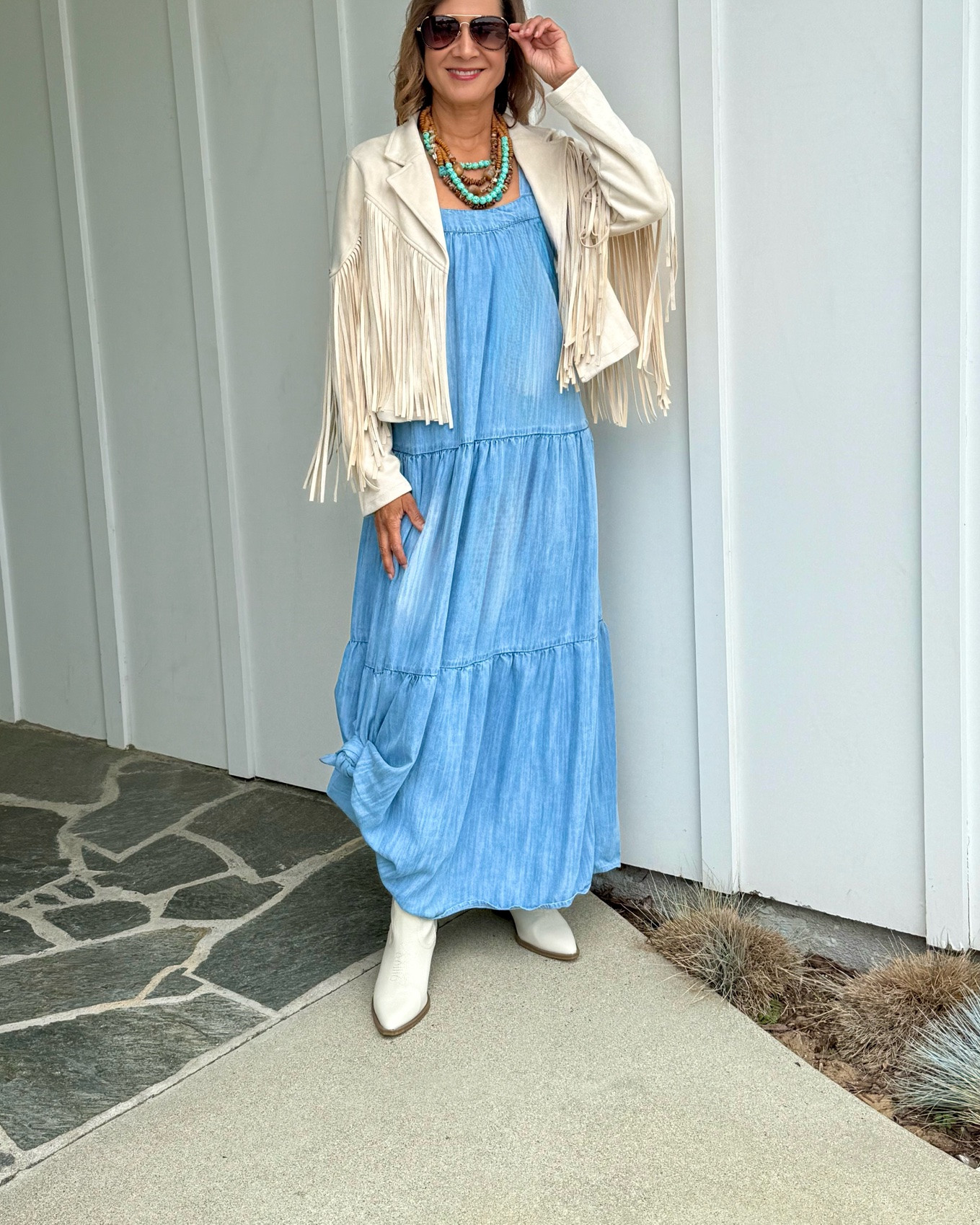 Heading to church with a bit of boho flair. My chambray sundress was rescued from the dark recesses of my closet and looks so cute with this cropped moto jacket.  I added in these affordable white boots because the stacked heel, cut out & pointed toe add the right amount of western vibe.  Scroll to shop! Follow for more affordable style.

#LTKootd #LTKOver40 #LTKSeasonal