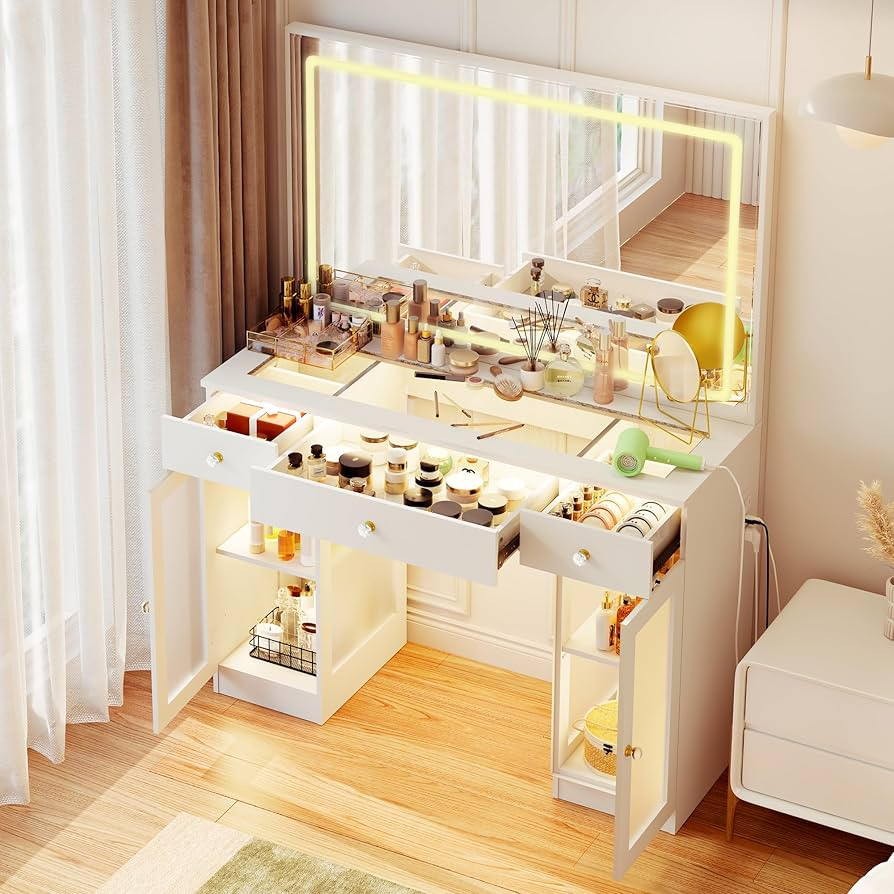 Pamapic Makeup Vanity with Crystal Knobs, Glass Top Vanity Desk with Mirror and Lights, Power Out... | Amazon (US)